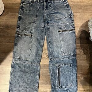 Garage Blue Wide Leg Flare Jeans with Patch Pockets